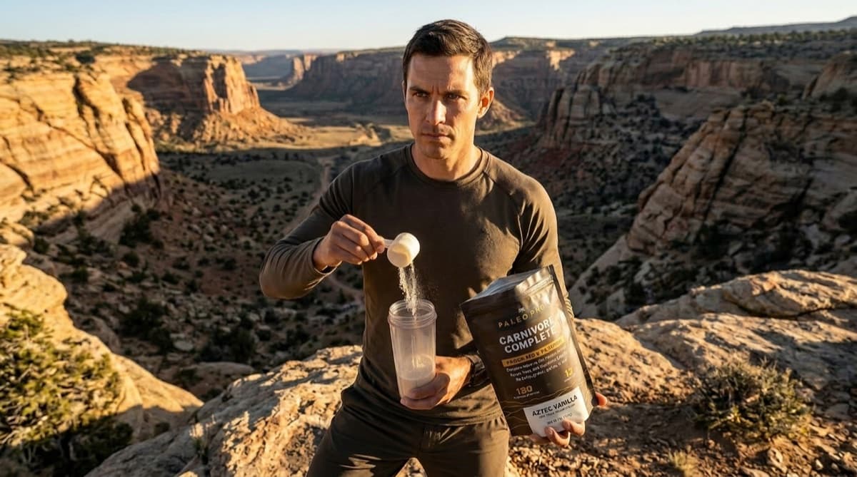 Real Vermeer render: a man scooping protein powder on a canyon overlook at golden hour