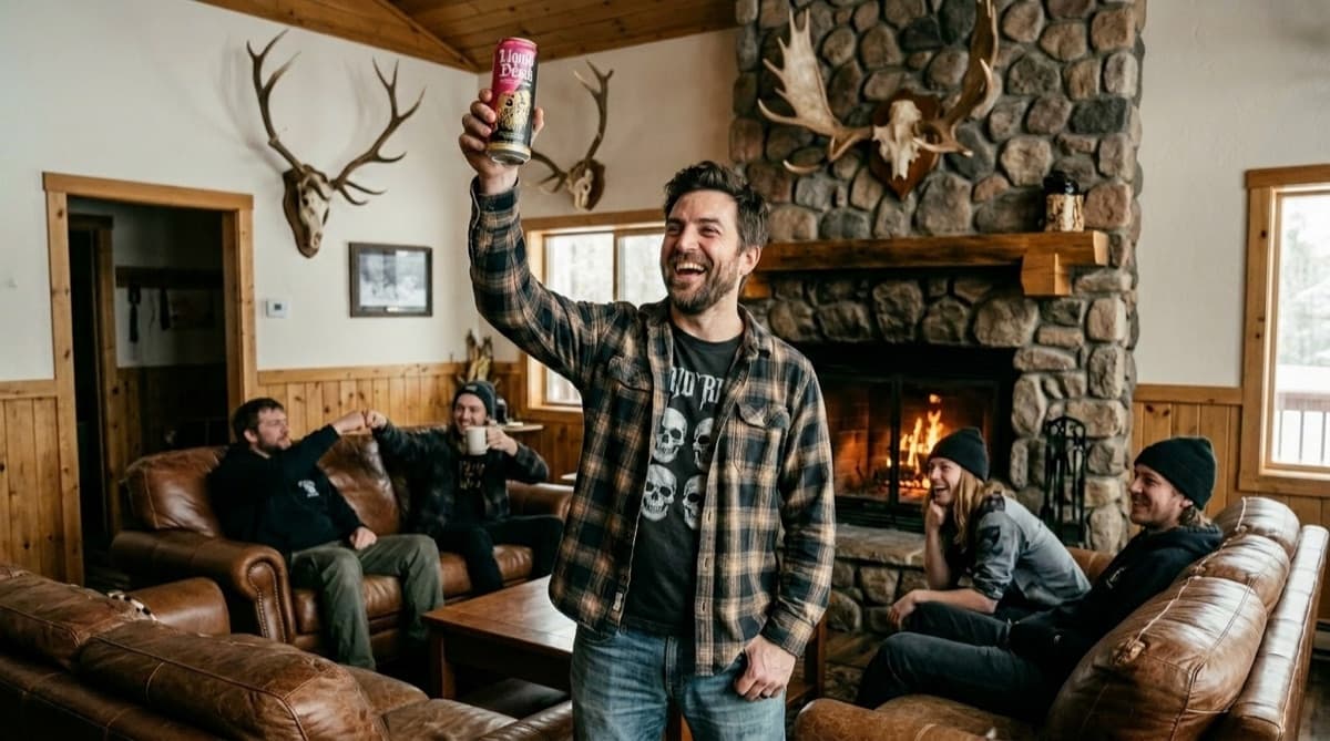 Real Vermeer render: a man raising a can to friends around a lodge fireplace