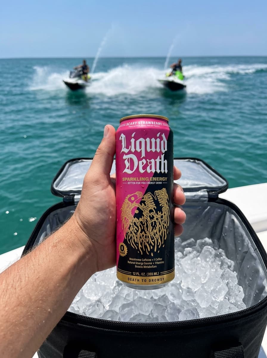 Real Vermeer render: a hand pulling a Liquid Death can from an ice-packed cooler on a boat, jet skis spraying behind