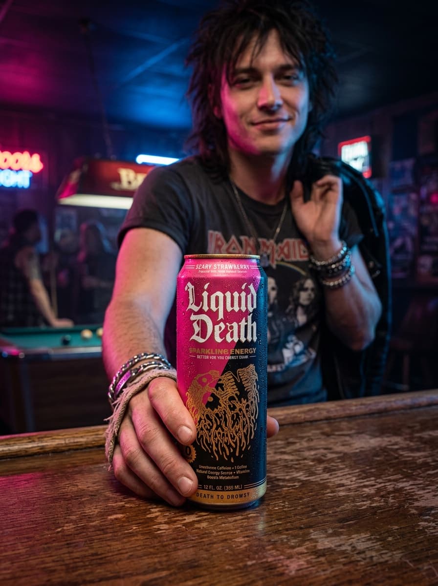 Real Vermeer render: a man at a neon-lit dive bar holding a Liquid Death can toward camera