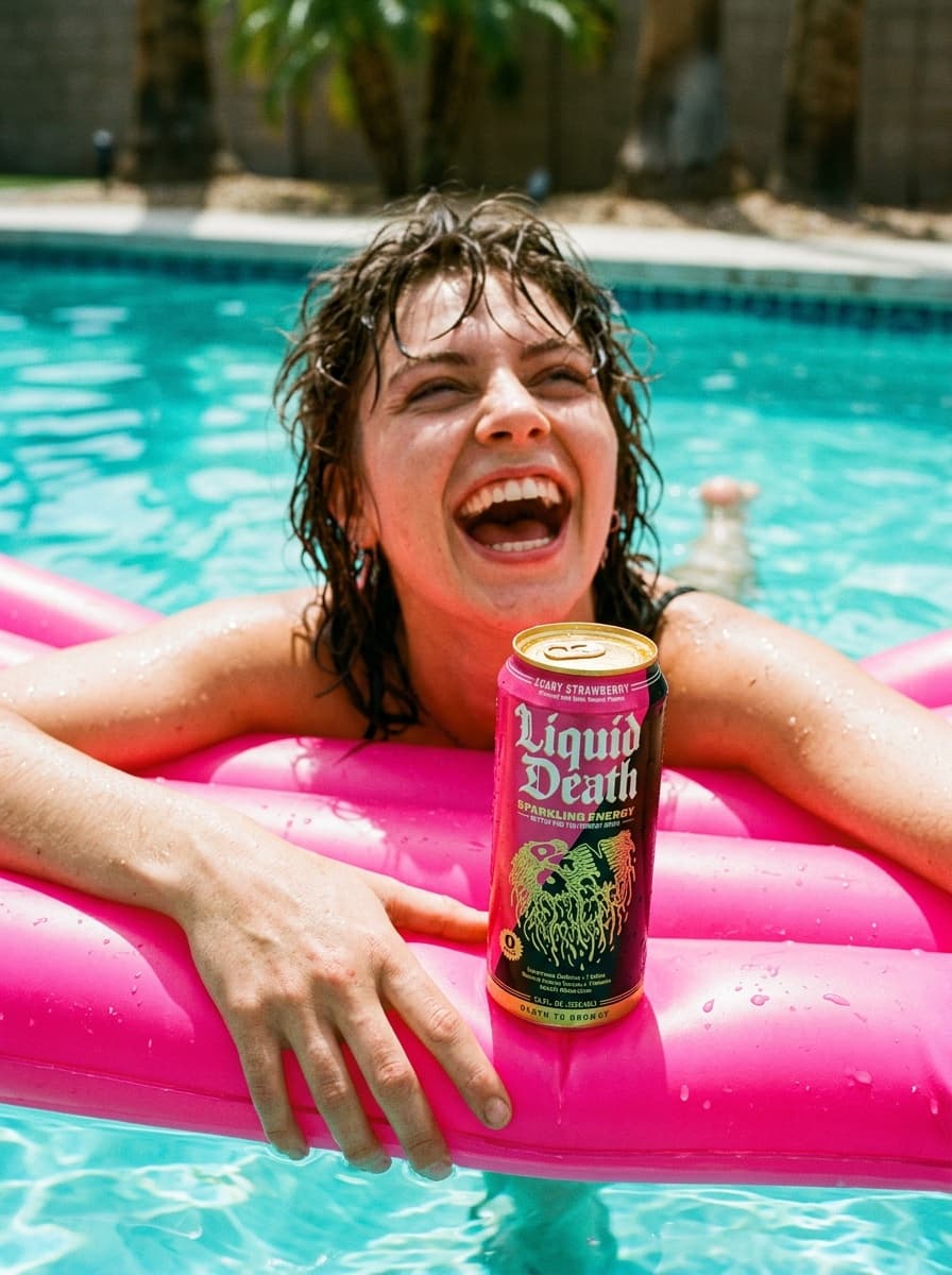 Real Vermeer render: a woman laughing on a hot-pink pool float, a Liquid Death can resting beside her in bright sun