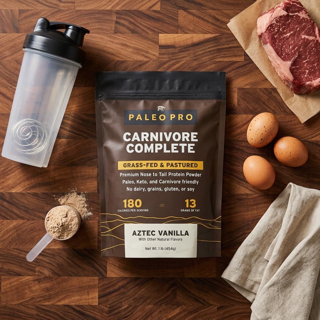 Real Vermeer render: overhead flat-lay of a Paleo Pro pouch on butcher block with shaker, scoop, eggs and steak