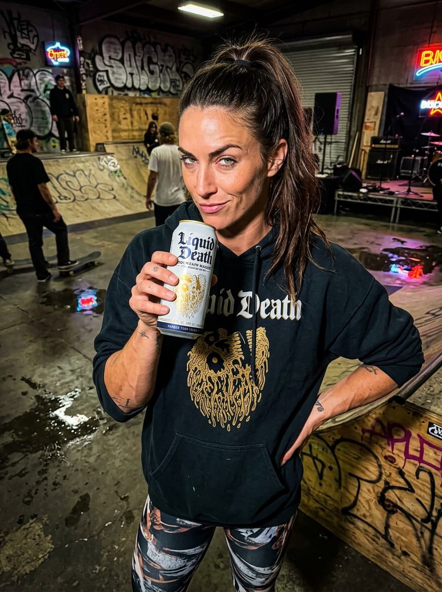 Real Vermeer render: a woman with a Liquid Death Mountain Water can in a skatepark warehouse at night, skaters behind