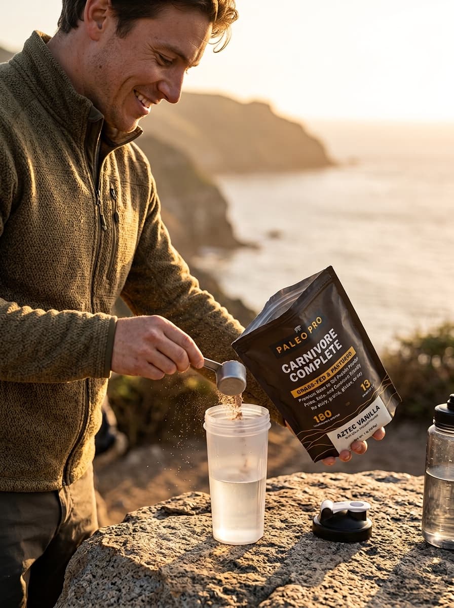 Real Vermeer render: a man scooping Paleo Pro protein into a shaker on a coastal cliff at golden hour
