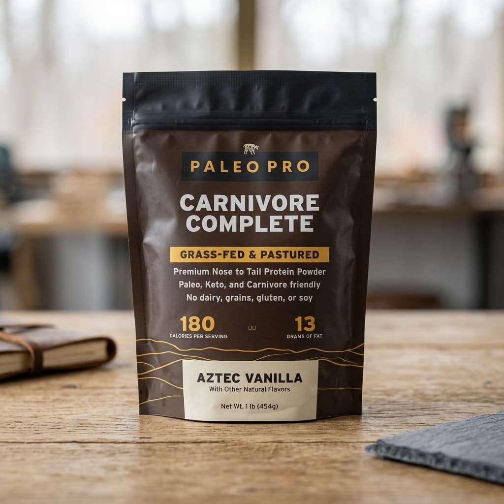 A finished Vermeer render: a Paleo Pro protein pouch standing on a workbench in a sunlit workshop, every label line crisp