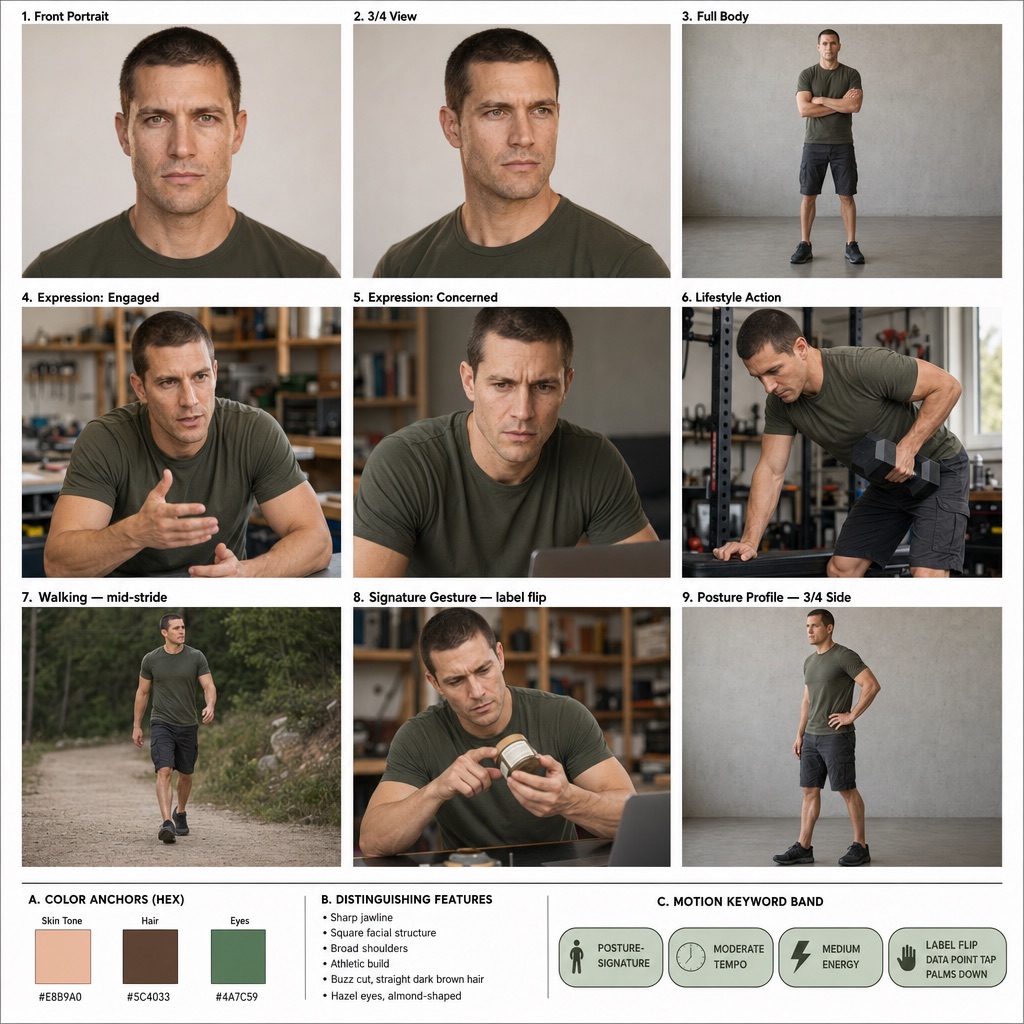 Liam Hughes character reference card: nine frames of the same person across portrait, full body, expression, and action scenes, with color anchors and motion keywords